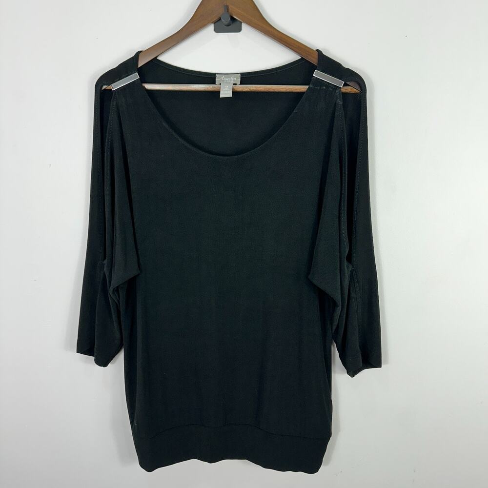 Travelers by Chicos Black Cold Shoulder Top Womens Size 2 Resort Minimalist Boho
